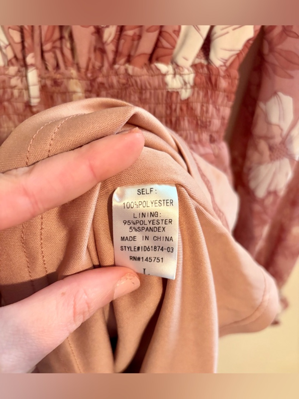 Peach Love California Floral Tie-Neck Elastic Waist Dress in Dusty Rose Sz Large - Picture 9 of 16